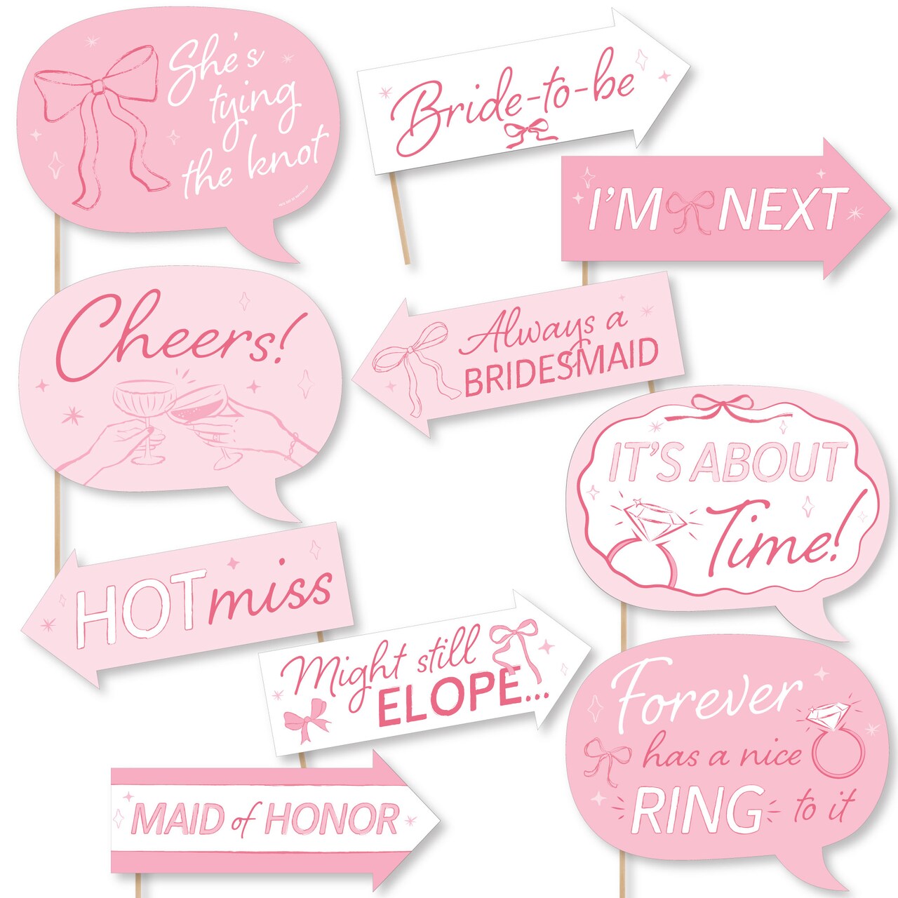 Big Dot of Happiness Funny Tying the Knot Photo Props, Pink Bow Coquette Bachelorette Party Decoration, Bridal Shower Photo Booth Props Kit – 10 Piece